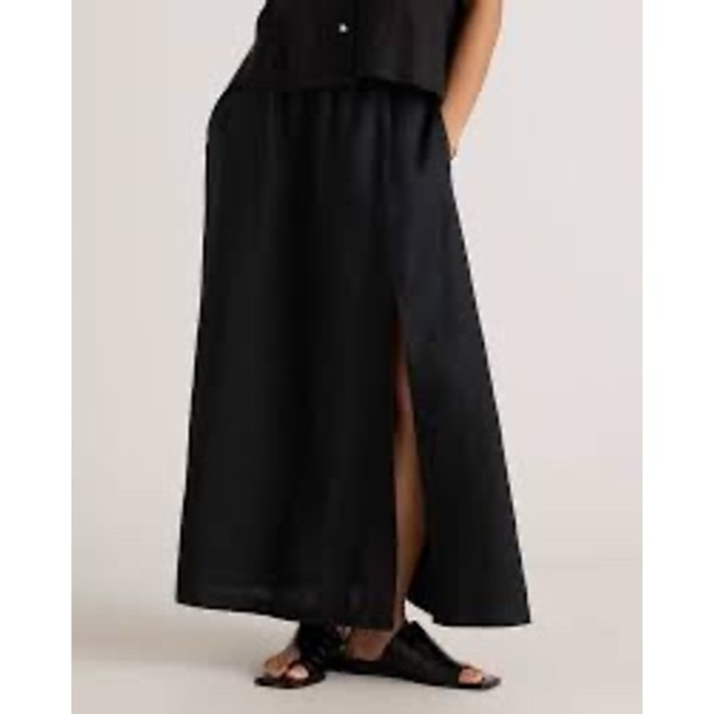 NWT QUINCE Black Linen Minimalist Coastal Maxi Skirt Side Slit Pockets L